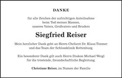 Traueranzeige Siegfried Reiser