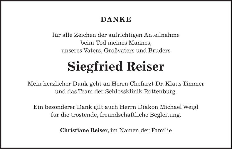 Traueranzeige Siegfried Reiser