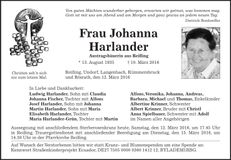 Traueranzeige Johanna Harlander