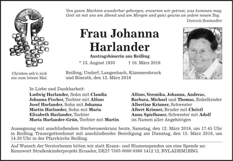 Traueranzeige Johanna Harlander
