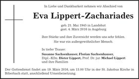Traueranzeige Eva Lippert-Zachariades