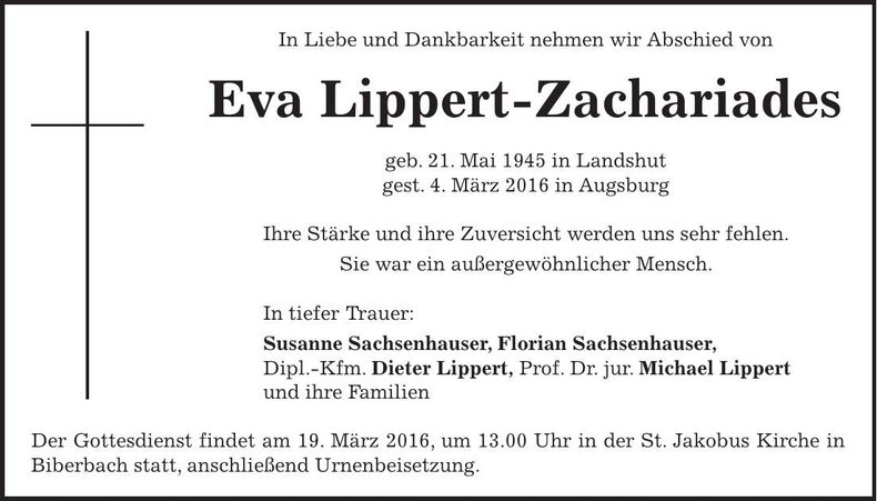 Traueranzeige Eva Lippert-Zachariades