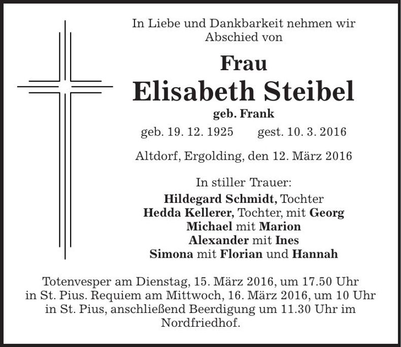 Traueranzeige Elisbeth Steibel