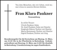 Traueranzeige Klara Paukner