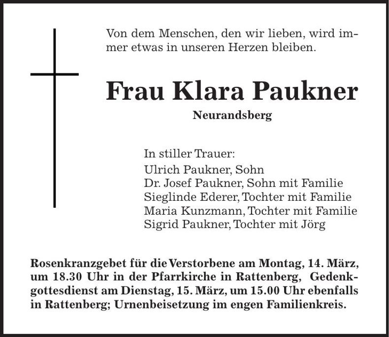 Traueranzeige Klara Paukner