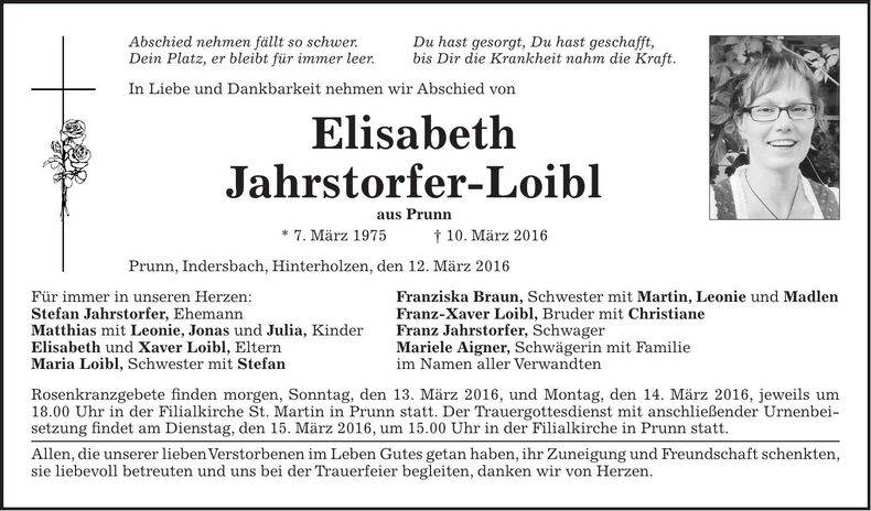 Traueranzeige Elisabeth Jahrstorfer-Loibl