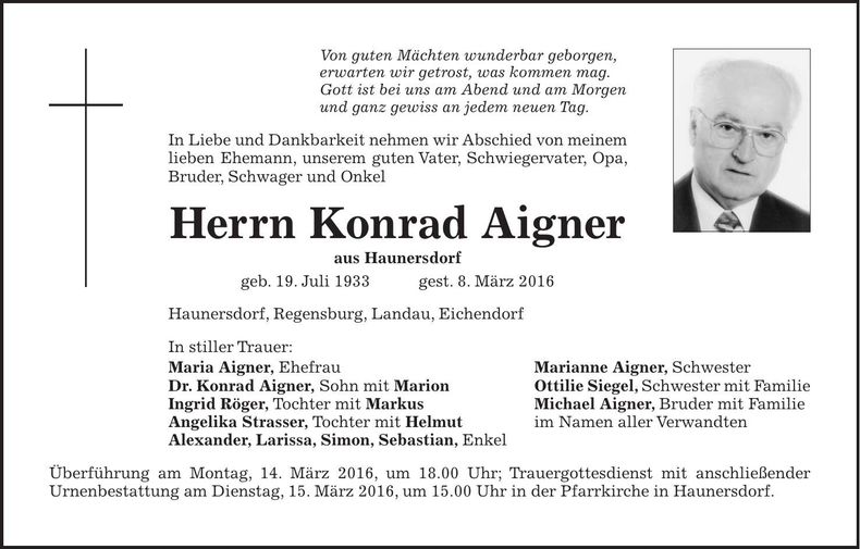Traueranzeige Konrad Aigner