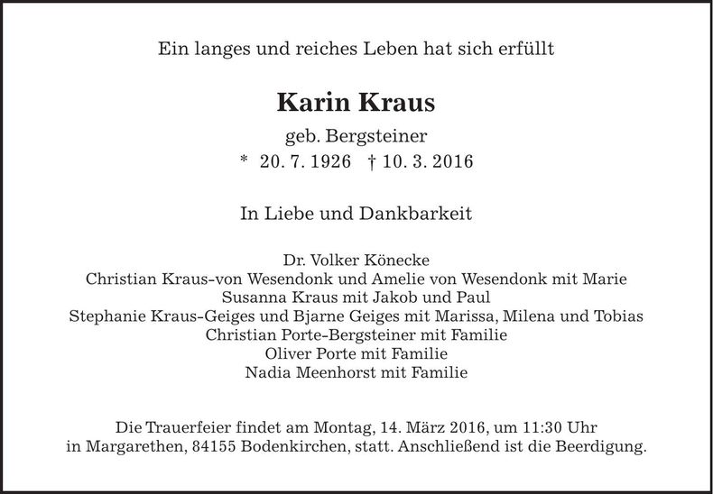 Traueranzeige Karin Kraus