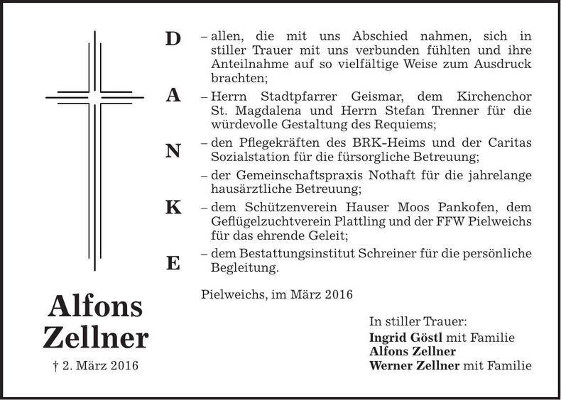 Traueranzeige Alfons Zellner