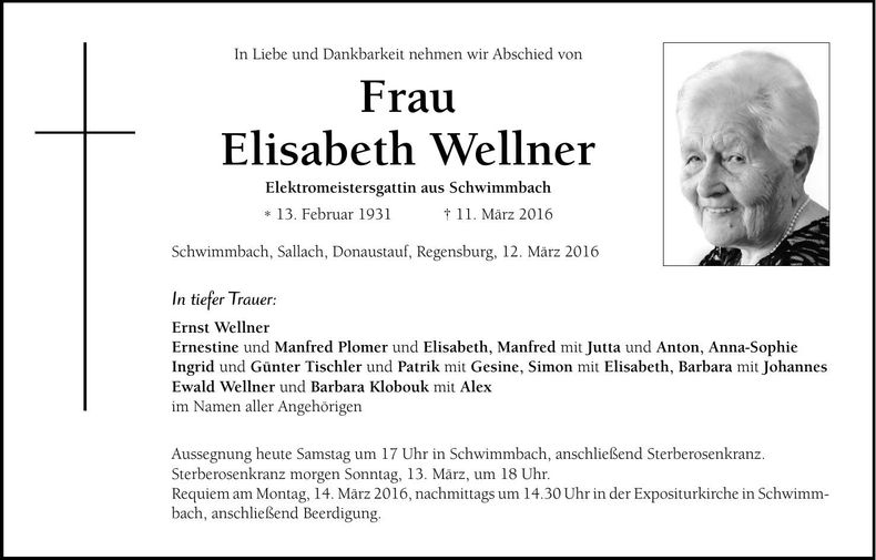 Traueranzeige Wellner Elisabeth