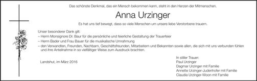 Traueranzeige Anna Urzinger