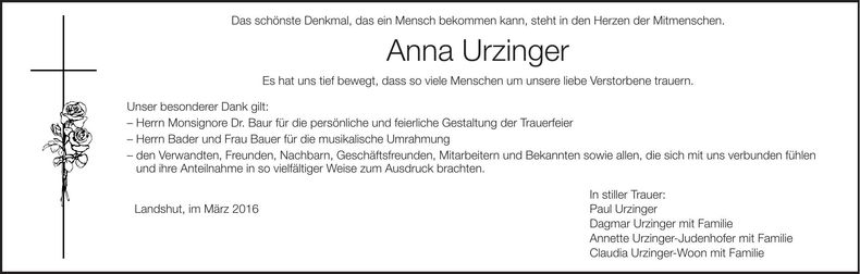 Traueranzeige Anna Urzinger