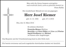 Traueranzeige Josef Riemer