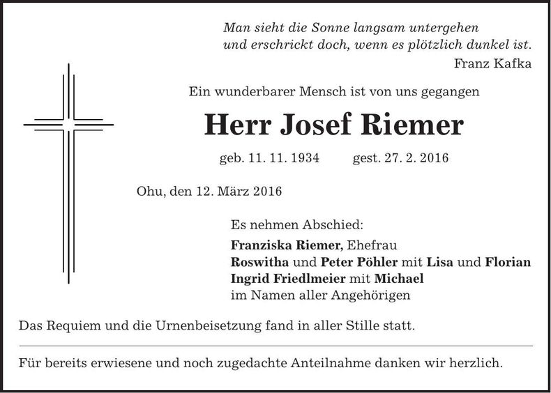 Traueranzeige Josef Riemer