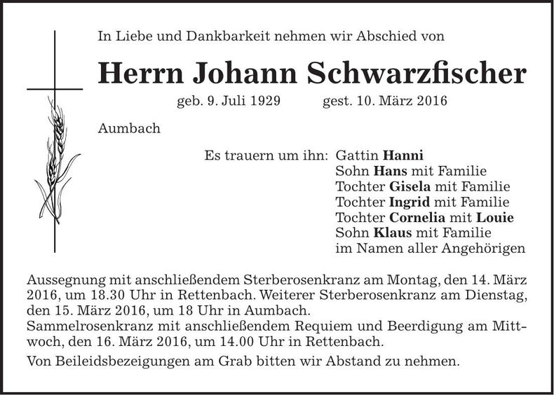 Traueranzeige Johann Schwarzfischer