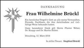 Traueranzeige Wilhelmine Brückl
