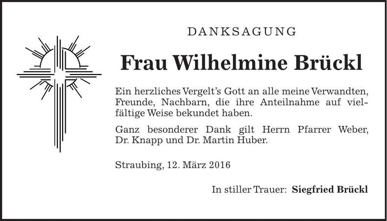 Traueranzeige Wilhelmine Brückl