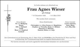 Traueranzeige Agnes Wieser