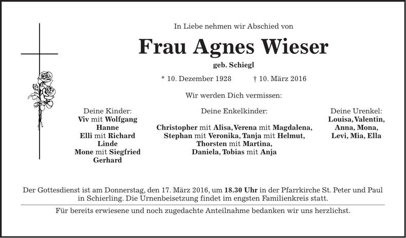 Traueranzeige Agnes Wieser
