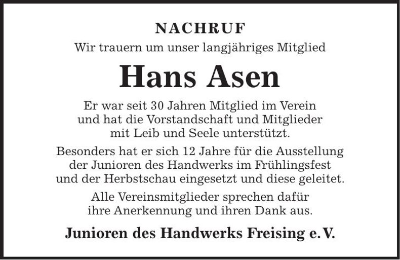 Traueranzeige Hans Asen