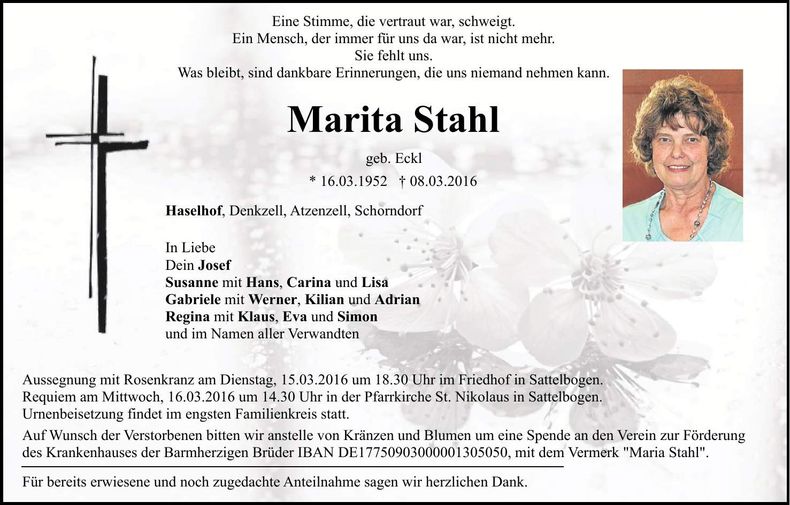 Traueranzeige Marita Stahl
