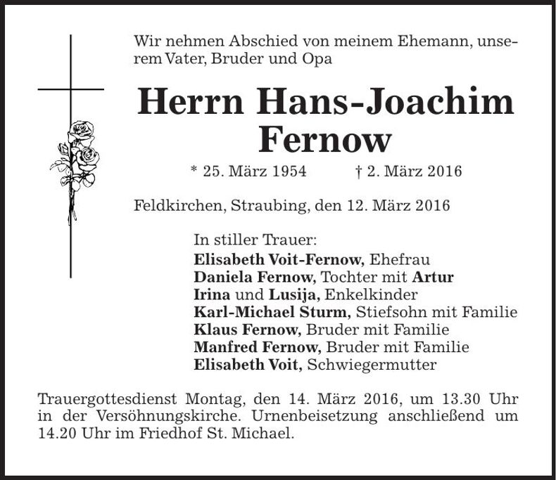 Traueranzeige Hans-Joachim Fernow