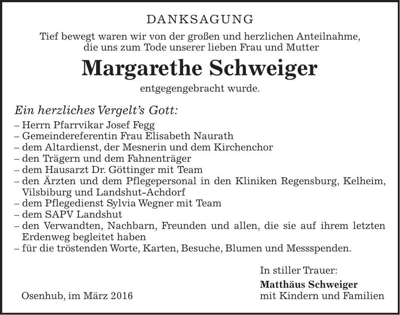 Traueranzeige Margarethe Schweiger