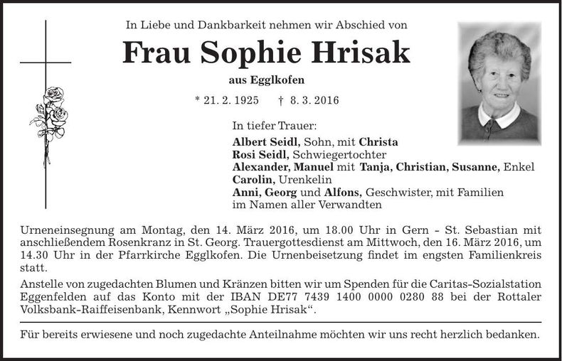 Traueranzeige Sophie Hrisak