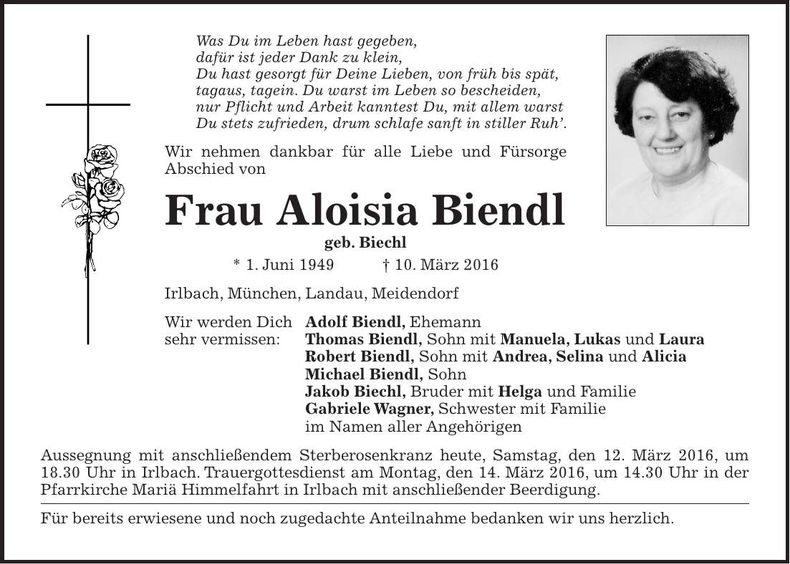 Traueranzeige Aloisia Biendl