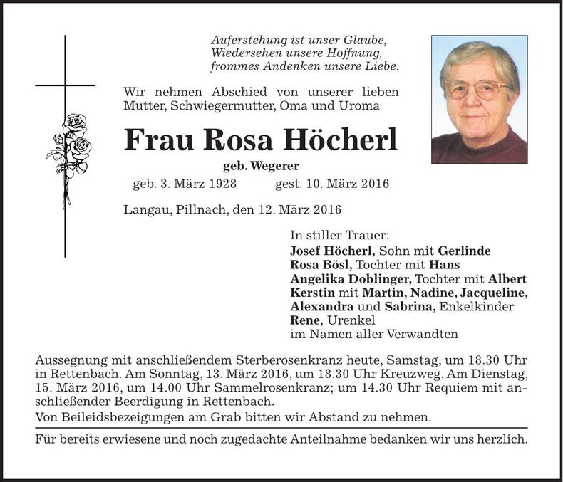 Traueranzeige Rosa Höcherl