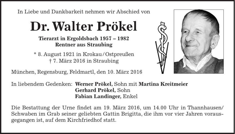 Traueranzeige Dr. Walter Prökel