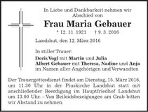 Traueranzeige Maria Gebauer