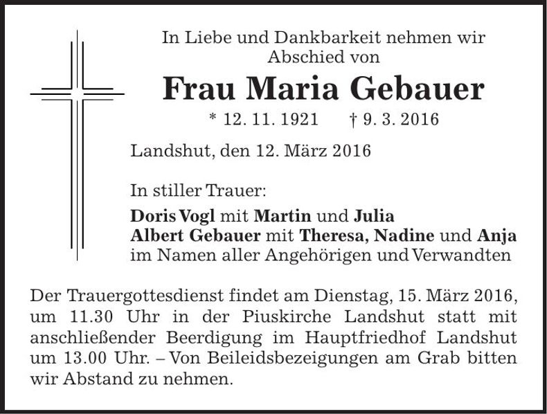 Traueranzeige Maria Gebauer