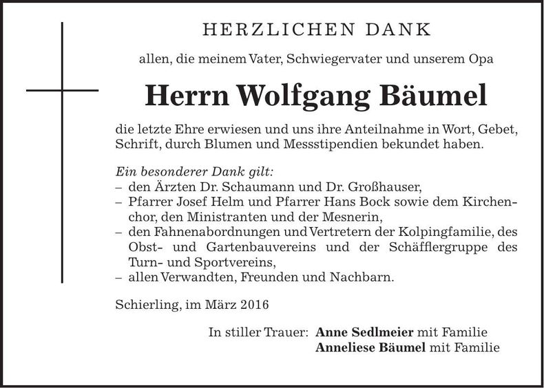 Traueranzeige Wolfgang Bäumel