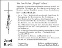 Traueranzeige Josef Riedl