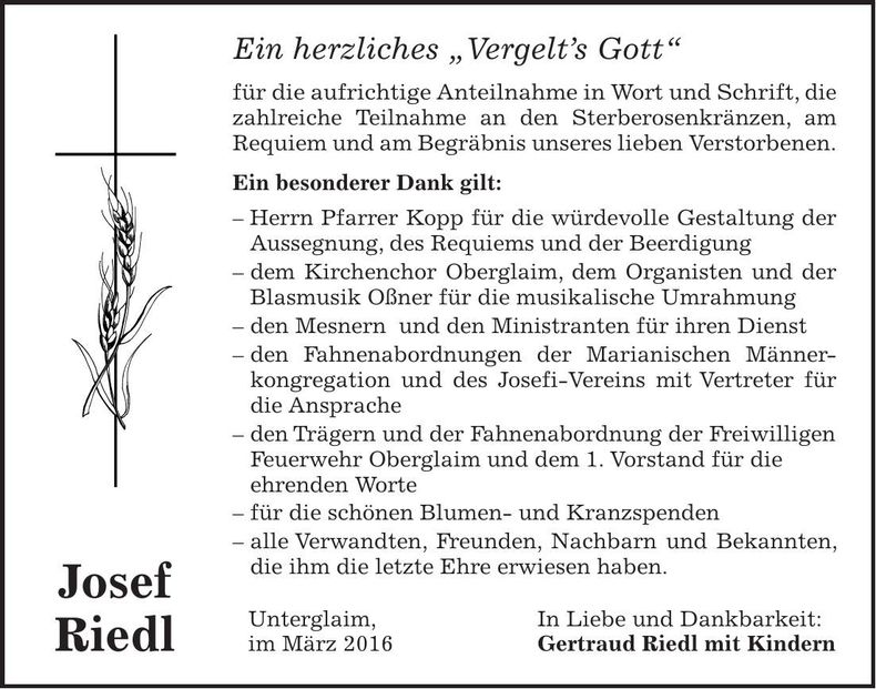 Traueranzeige Josef Riedl