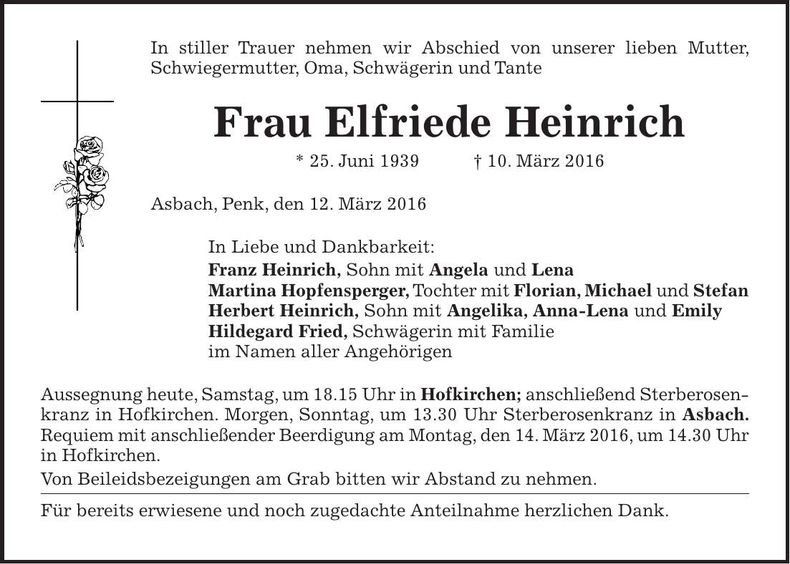 Traueranzeige Elfriede Heinrich