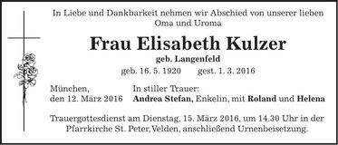 Traueranzeige Elisabeth Kulzer