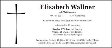 Traueranzeige Elisabeth Wallner