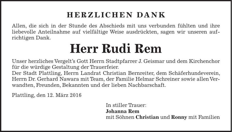 Traueranzeige Rudi Rem