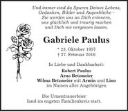 Traueranzeige Gabriele Paulus