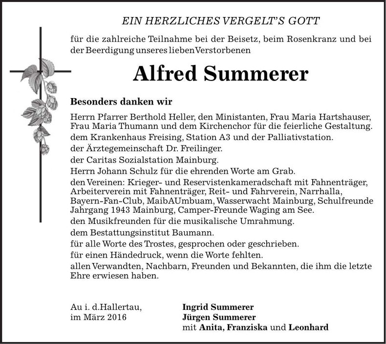 Traueranzeige Alfred Summerer