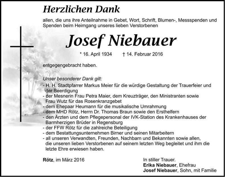 Traueranzeige Josef Niebauer