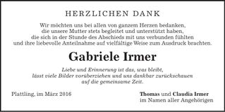 Traueranzeige Gabriele Irmer