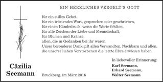 Traueranzeige Cäzilia Seemann