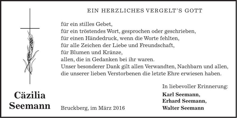 Traueranzeige Cäzilia Seemann