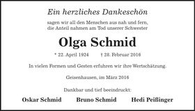 Traueranzeige Olga Schmid