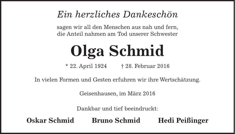 Traueranzeige Olga Schmid