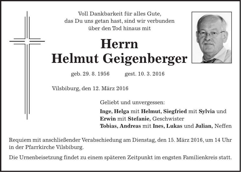 Traueranzeige Helmut Geigenberger