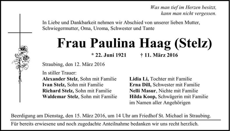 Traueranzeige Paulina Haag (Stelz)